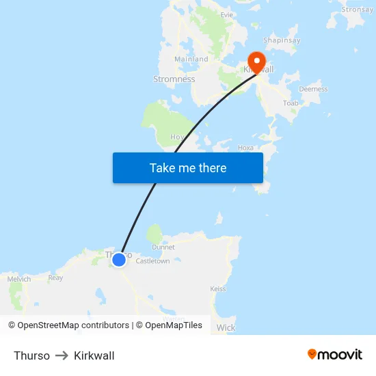 Thurso to Kirkwall map