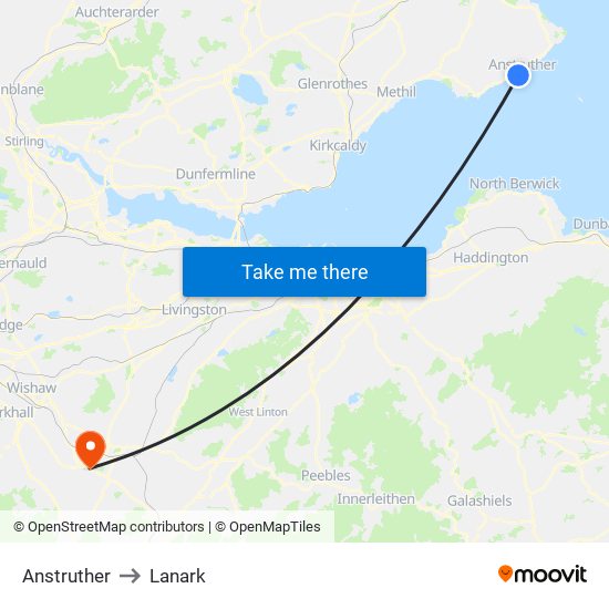 Anstruther to Lanark map