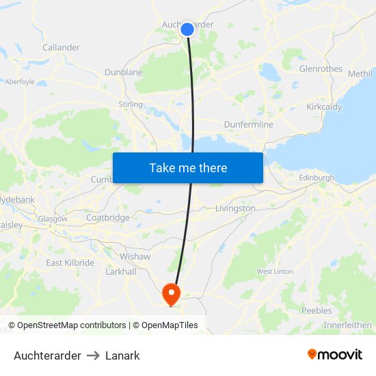 Auchterarder to Lanark map