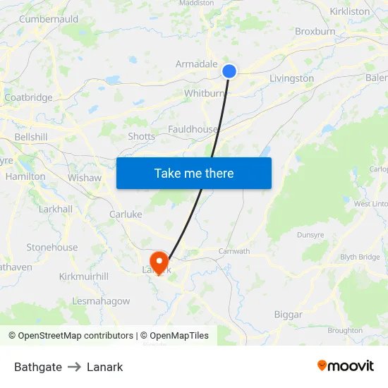 Bathgate to Lanark map
