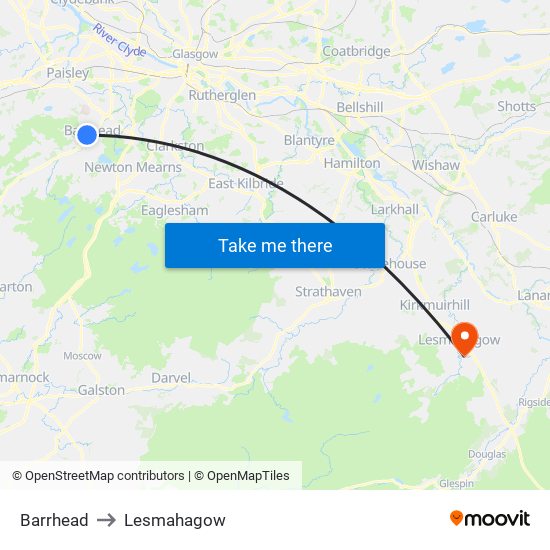 Barrhead to Lesmahagow map