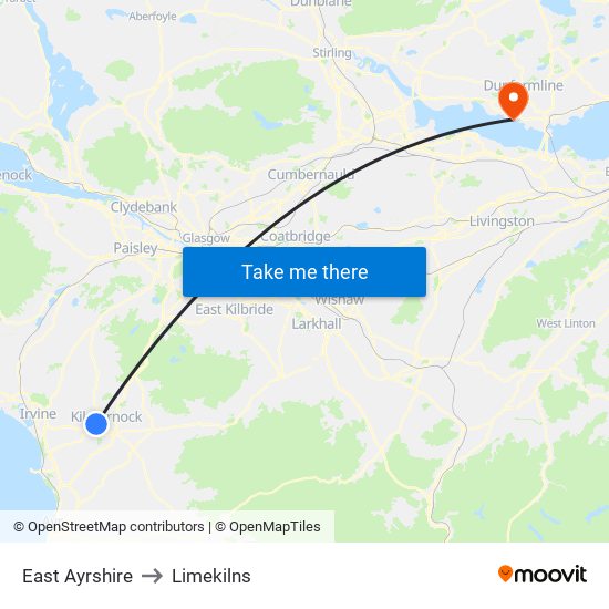 East Ayrshire to Limekilns map