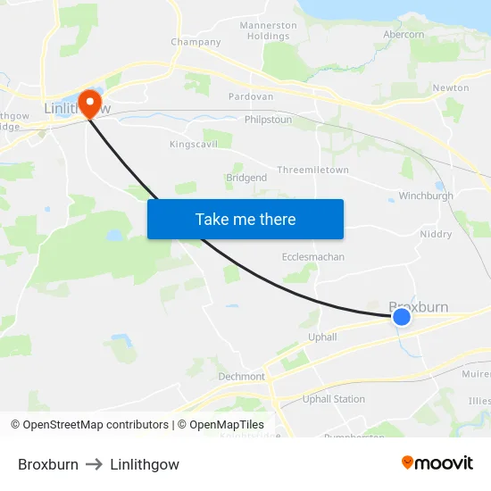 Broxburn to Linlithgow map