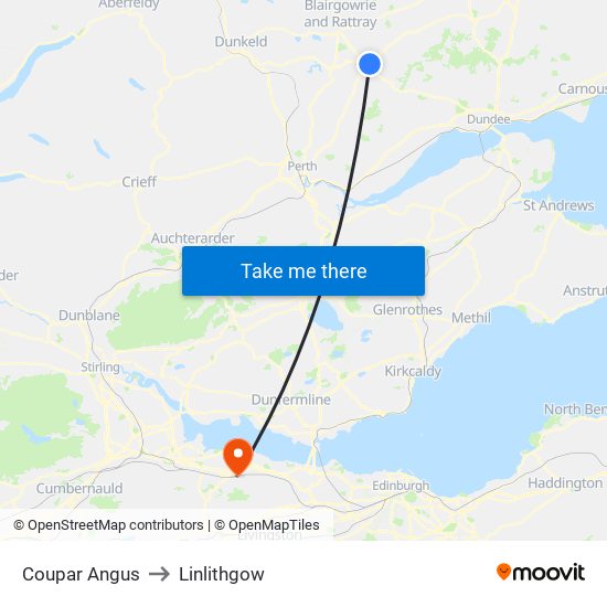 Coupar Angus to Linlithgow map