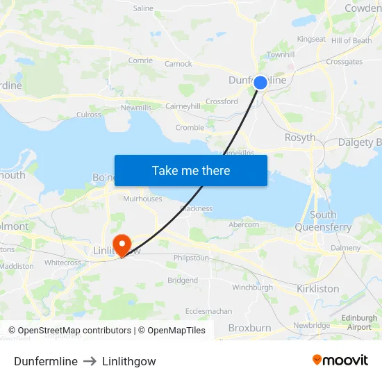 Dunfermline to Linlithgow map