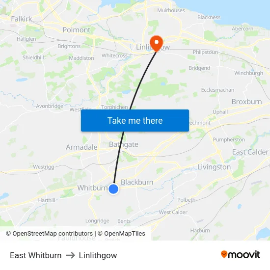 East Whitburn to Linlithgow map