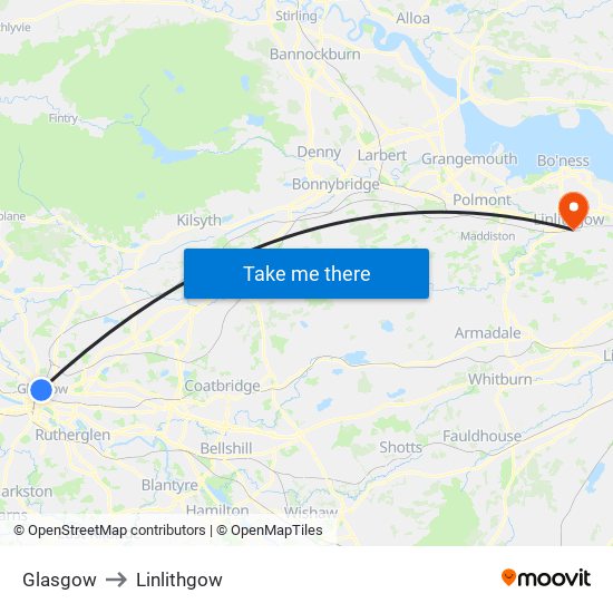 Glasgow to Linlithgow map