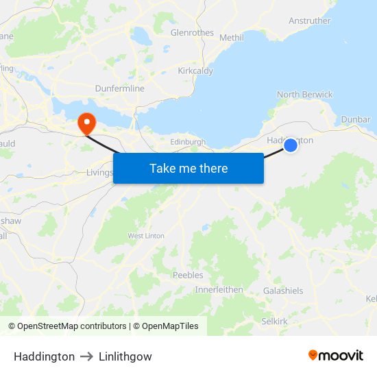 Haddington to Linlithgow map