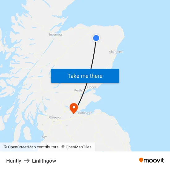 Huntly to Linlithgow map