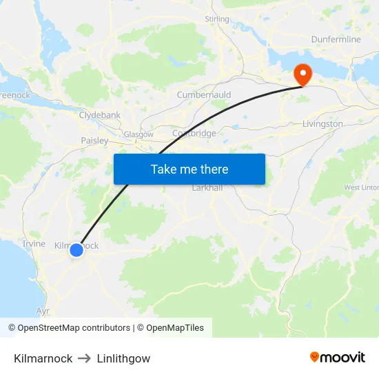 Kilmarnock to Linlithgow map