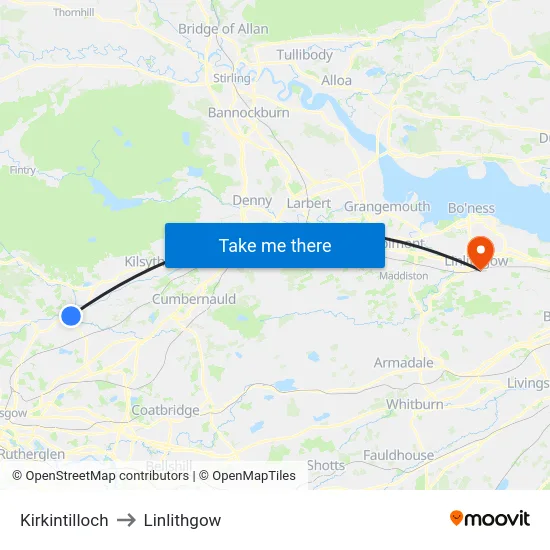 Kirkintilloch to Linlithgow map