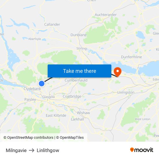 Milngavie to Linlithgow map