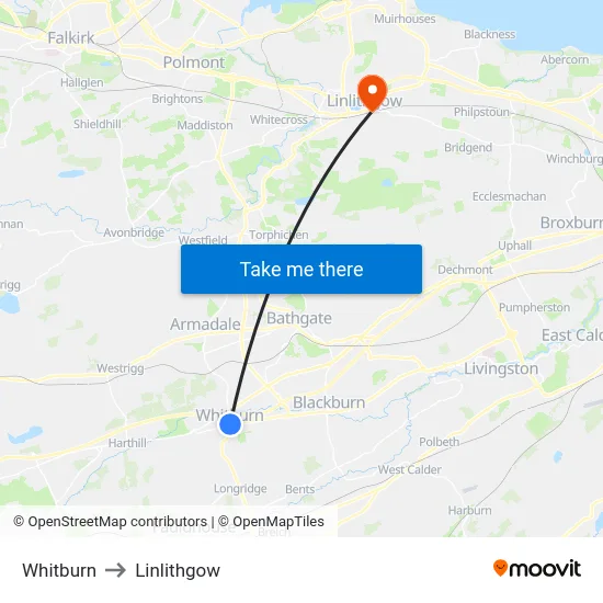 Whitburn to Linlithgow map