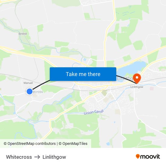 Whitecross to Linlithgow map