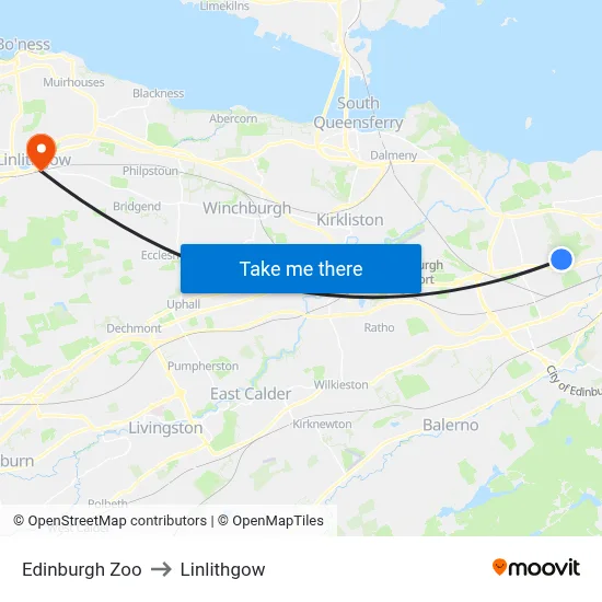 Edinburgh Zoo to Linlithgow map