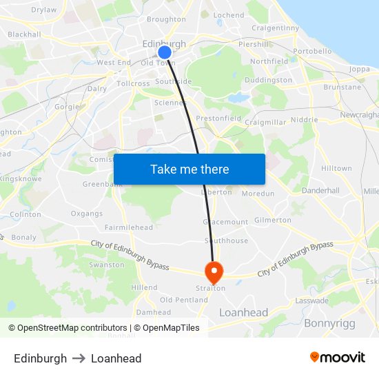 Edinburgh to Loanhead map