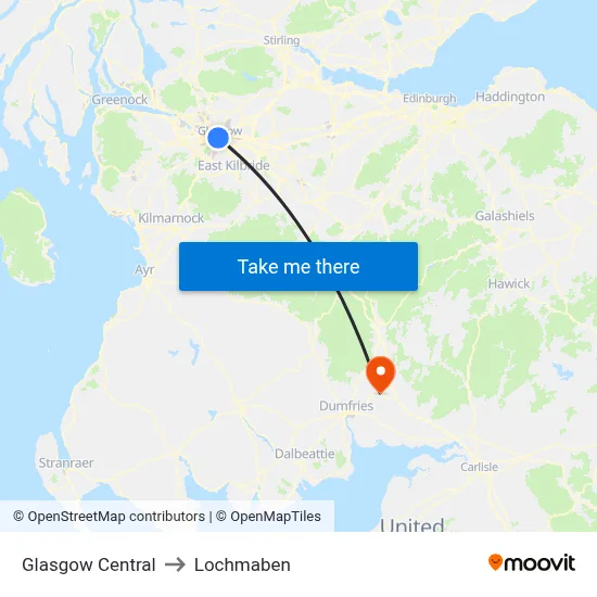 Glasgow Central to Lochmaben map
