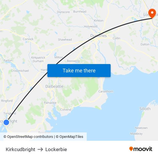 Kirkcudbright to Lockerbie map