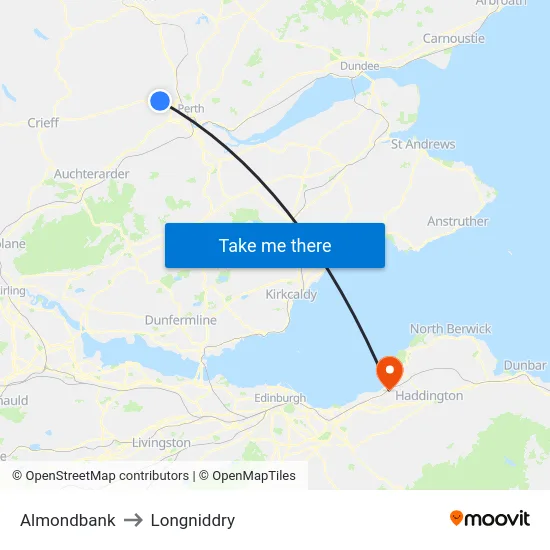 Almondbank to Longniddry map