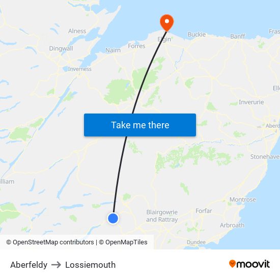 Aberfeldy to Lossiemouth map