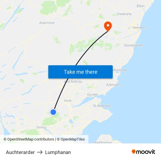 Auchterarder to Lumphanan map