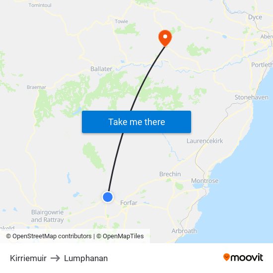 Kirriemuir to Lumphanan map