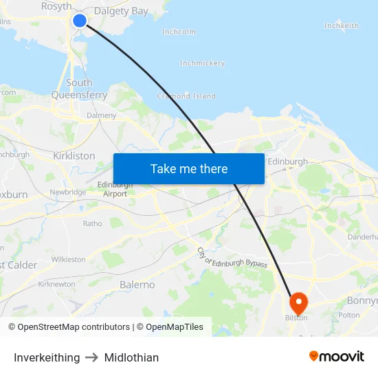 Inverkeithing to Midlothian map