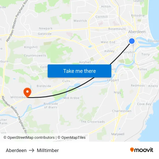 Aberdeen to Milltimber map