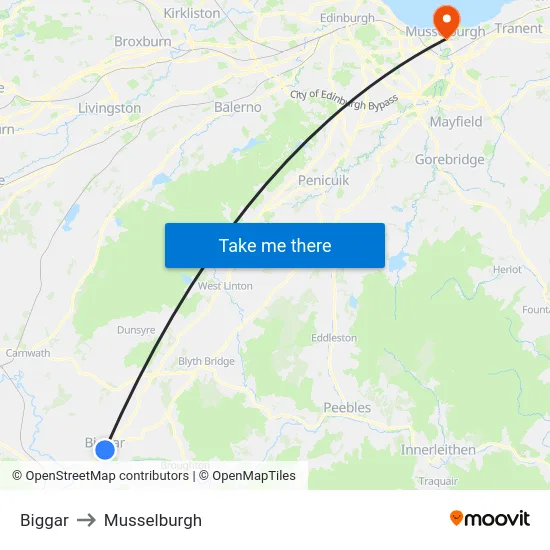 Biggar to Musselburgh map