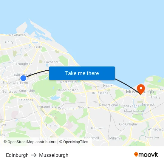 Edinburgh to Musselburgh map