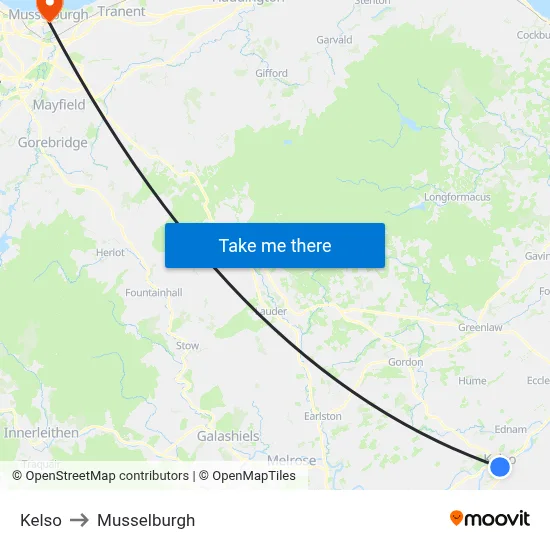 Kelso to Musselburgh map