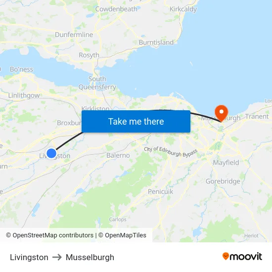 Livingston to Musselburgh map