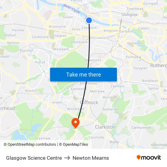 Glasgow Science Centre to Newton Mearns map