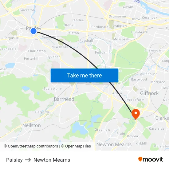 Paisley to Newton Mearns map