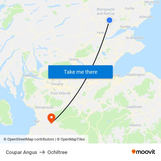 Coupar Angus to Ochiltree map