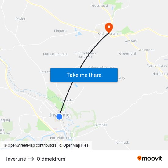 Inverurie to Oldmeldrum map