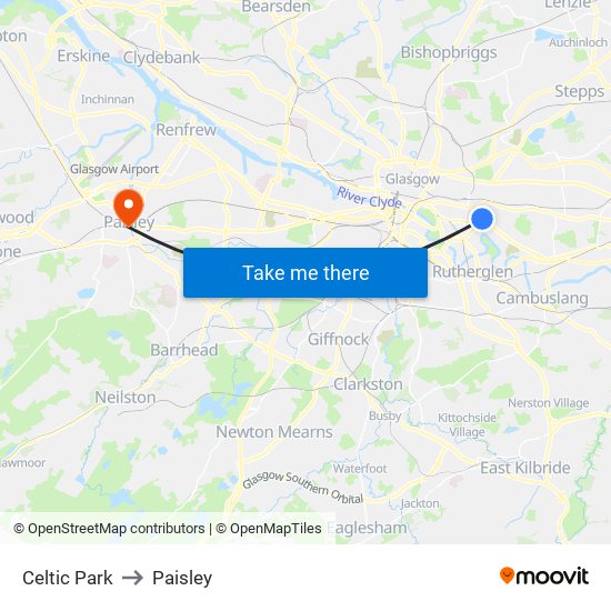 Celtic Park to Paisley map