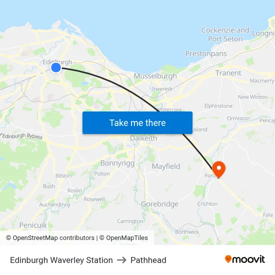 Edinburgh Waverley Station to Pathhead map