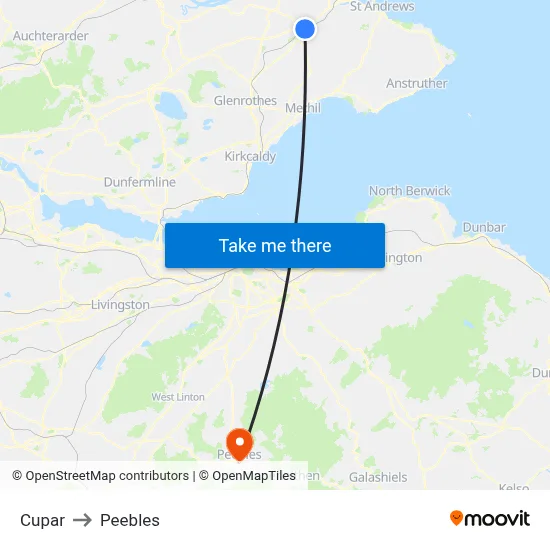 Cupar to Peebles map
