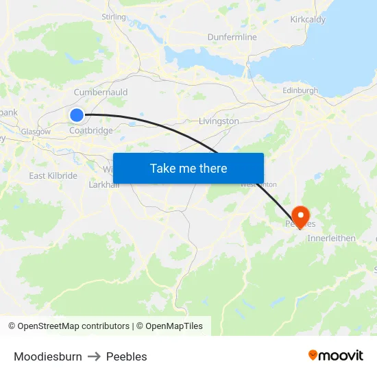 Moodiesburn to Peebles map