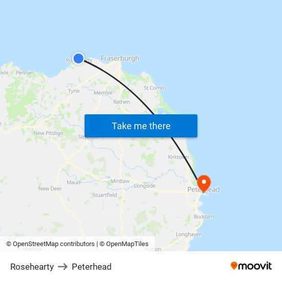 Rosehearty to Peterhead map