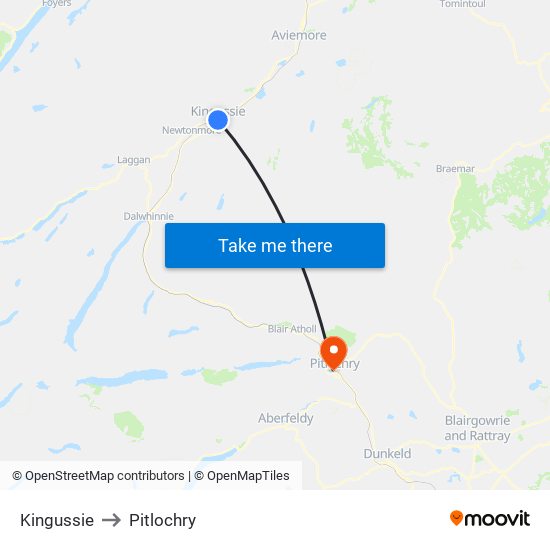 Kingussie to Pitlochry map