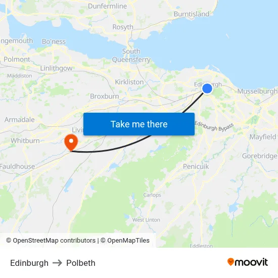 Edinburgh to Polbeth map