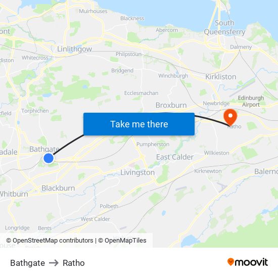 Bathgate to Ratho map