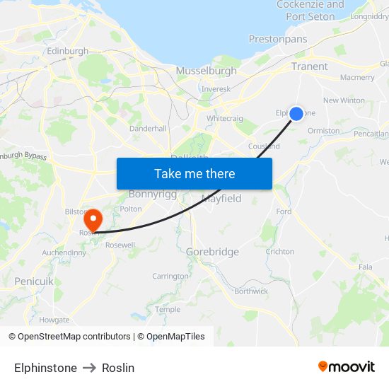 Elphinstone to Roslin map