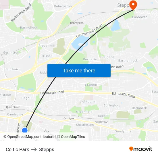 Celtic Park to Stepps map