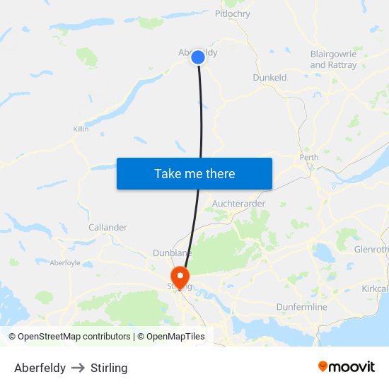 Aberfeldy to Stirling map
