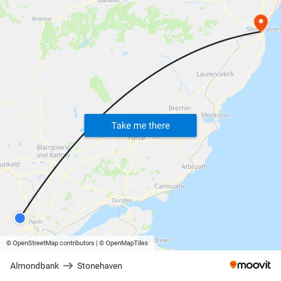 Almondbank to Stonehaven map