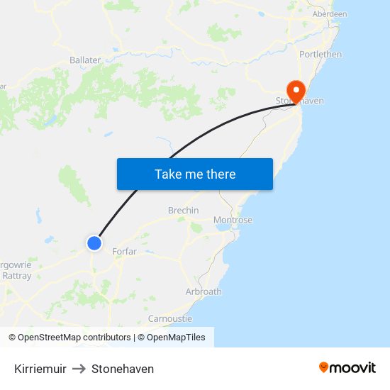 Kirriemuir to Stonehaven map