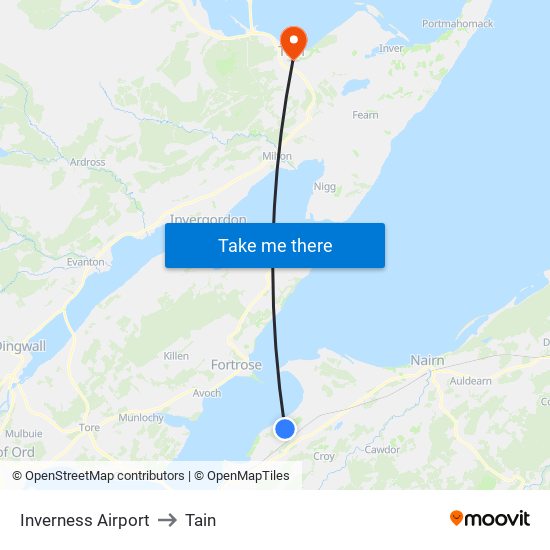 Inverness Airport to Tain map